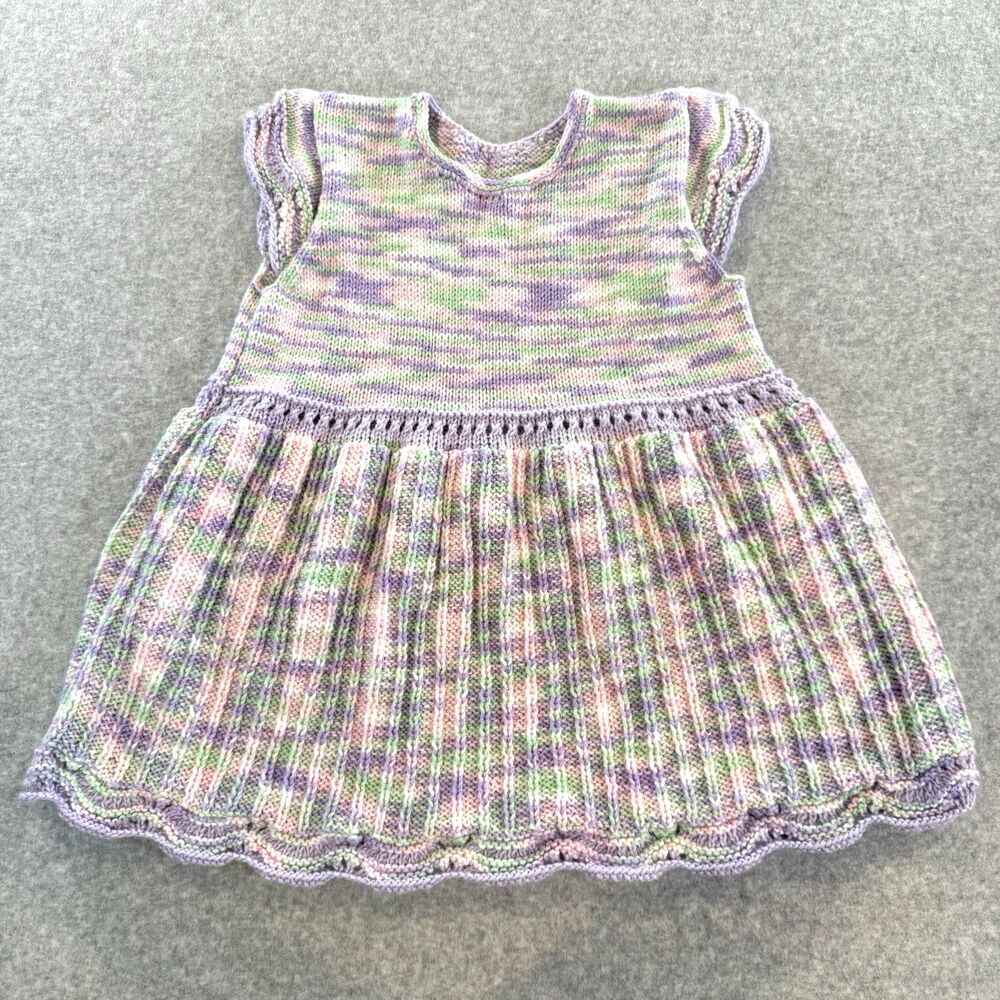 Handmade Knit Crochet Toddler Dress Pastel Purple Pink Scallop Sweet Soft Cozy
